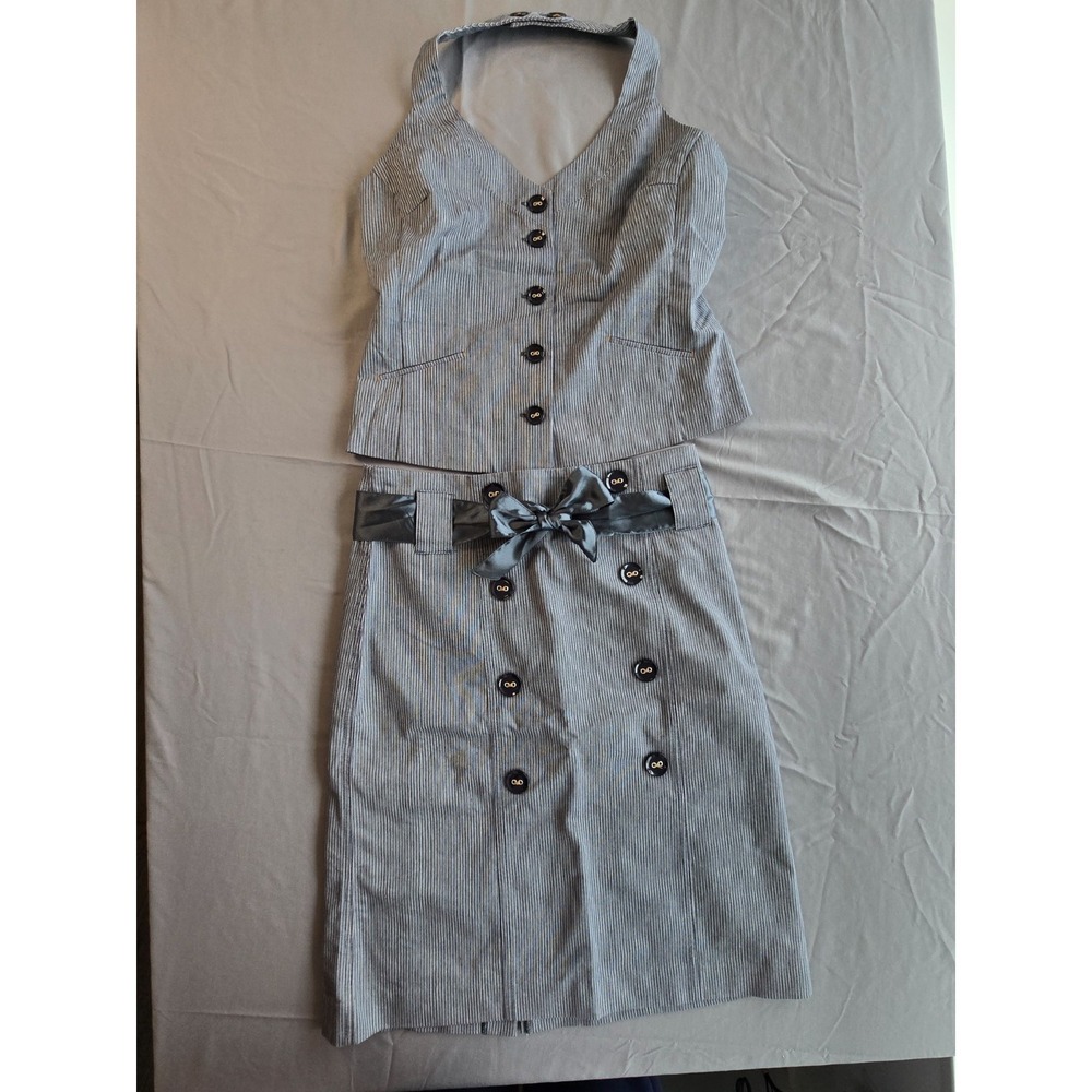 Vintage Y2K Nautica Vest and Skirt Set Blue Stripe Satin Belt